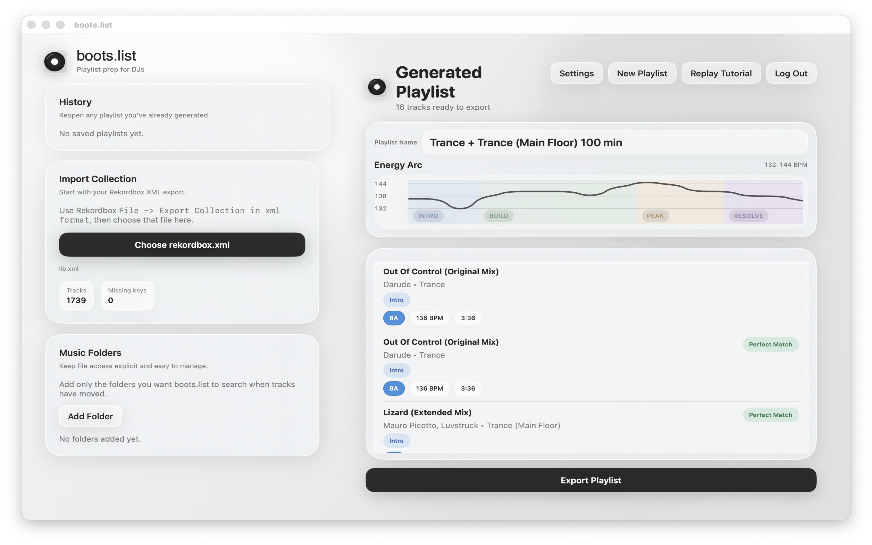 boots.list showing a generated Trance playlist with BPM energy arc chart